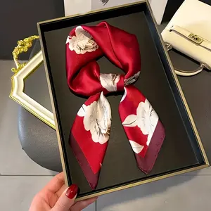 Women’s silk scarf, headband, neck scarf, headscarf, women’s faux silk scarf, red floral scarf, soft and breathable luxurious neckband and hair accessories—ideal for travel, parties, weddings, and holiday gifts