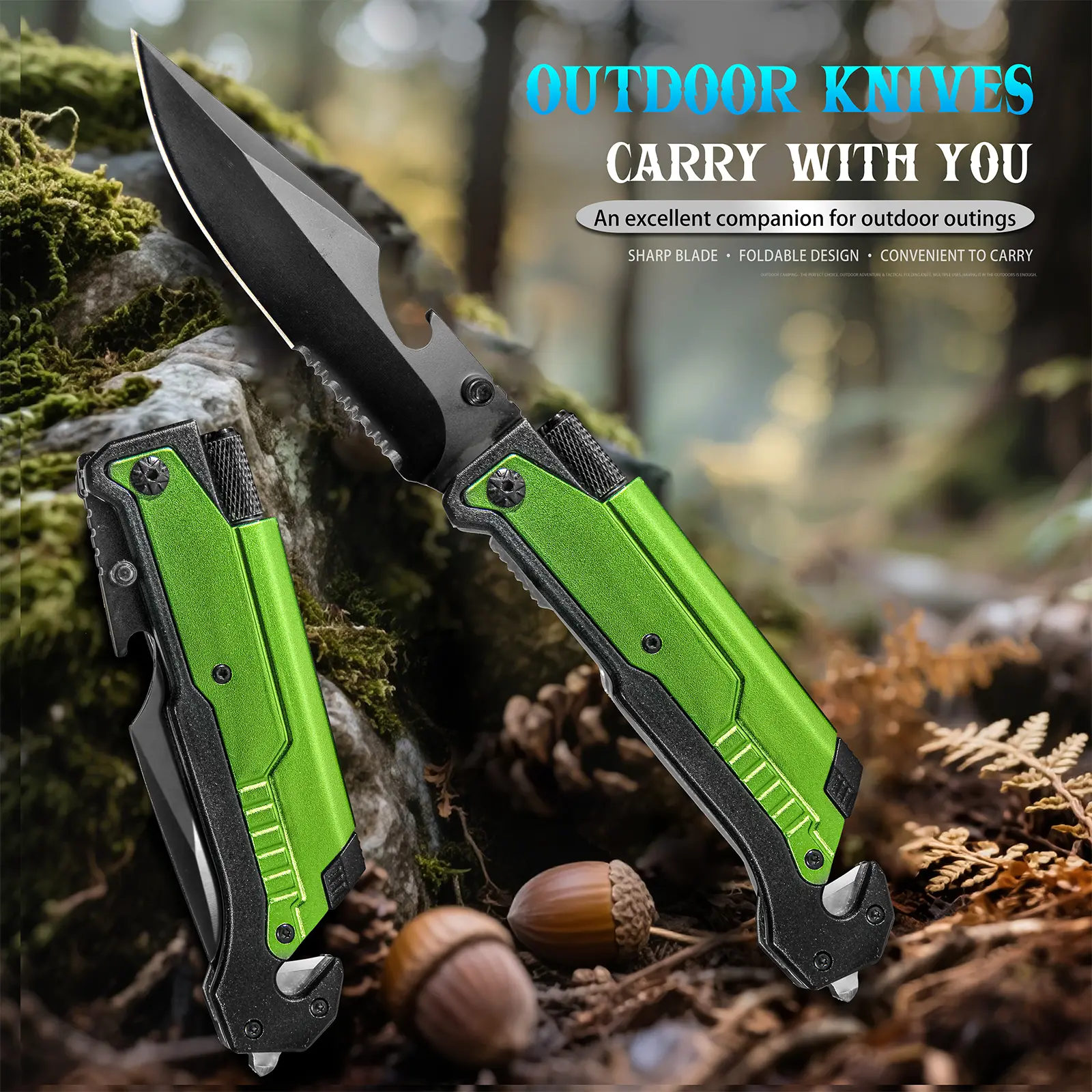 A multifunctional folding pocket knife made from high-quality stainless steel with a back clip and lighting features, suitable for outdoor camping, hunting, fishing, and other activities. Available in two colors, perfect for Christmas and Halloween gifts