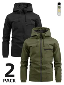 Men's Solid Long Sleeve Zip Up Drawstring Hooded Jacket, Regular Fit Casual Windproof & Waterproof Zipper Pocket Design Outerwear for Spring & Fall, Men's Clothes for Daily Wear