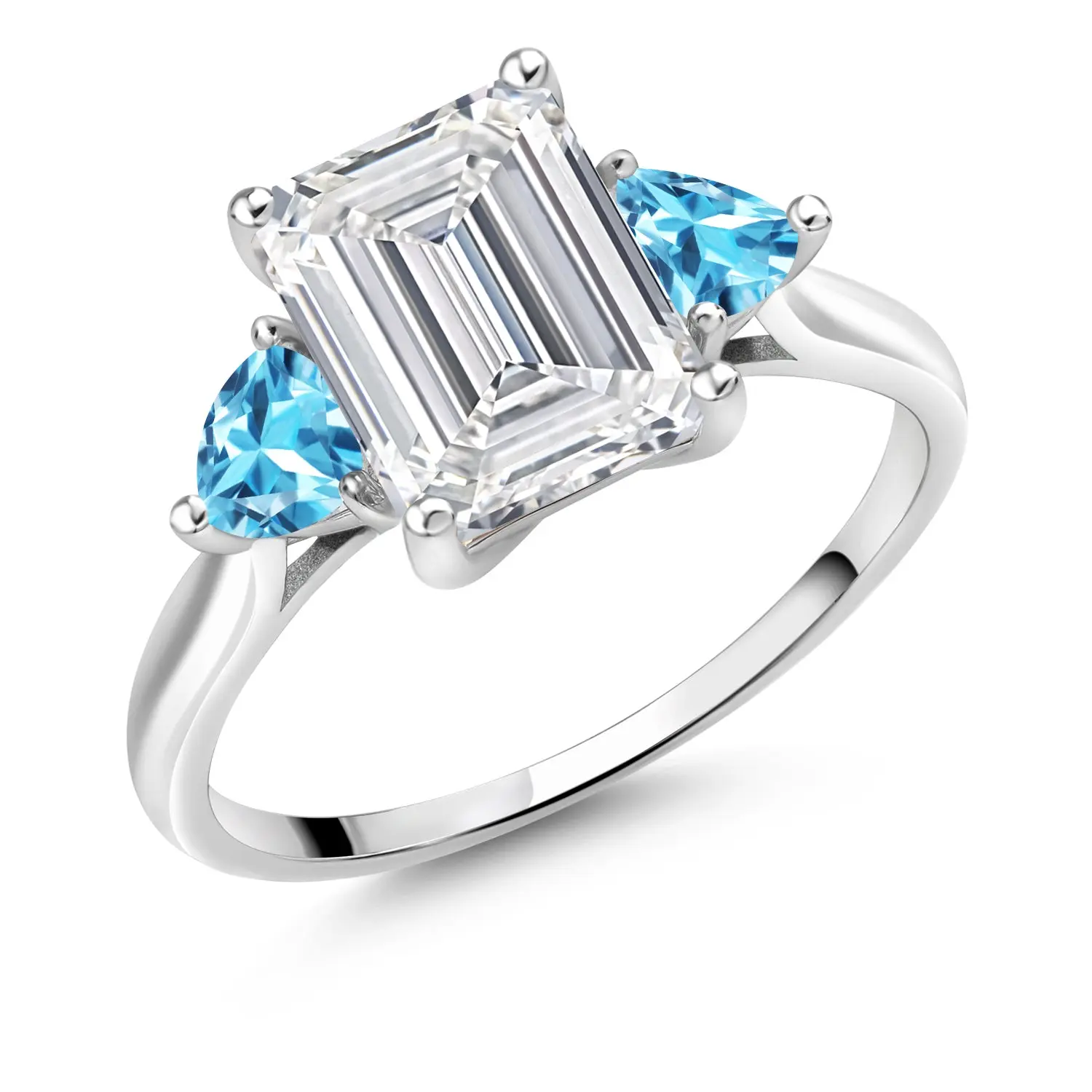 Gem Stone King Women's 10 Karat White Gold IGI Certified 3.52 Cttw Lab Created Diamond & Swiss Blue Topaz 3-Stone Design Engagement Ring - 3 Ct Center Emerald Cut Diamond, 4MM Trillion Cut Accents, Three-Stone Design