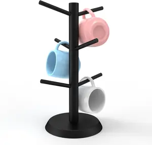 Black Coffee Mug Holder, Non-Slip Cup Tree with 6 Hooks for Counter, Rack (Black) KETWOD