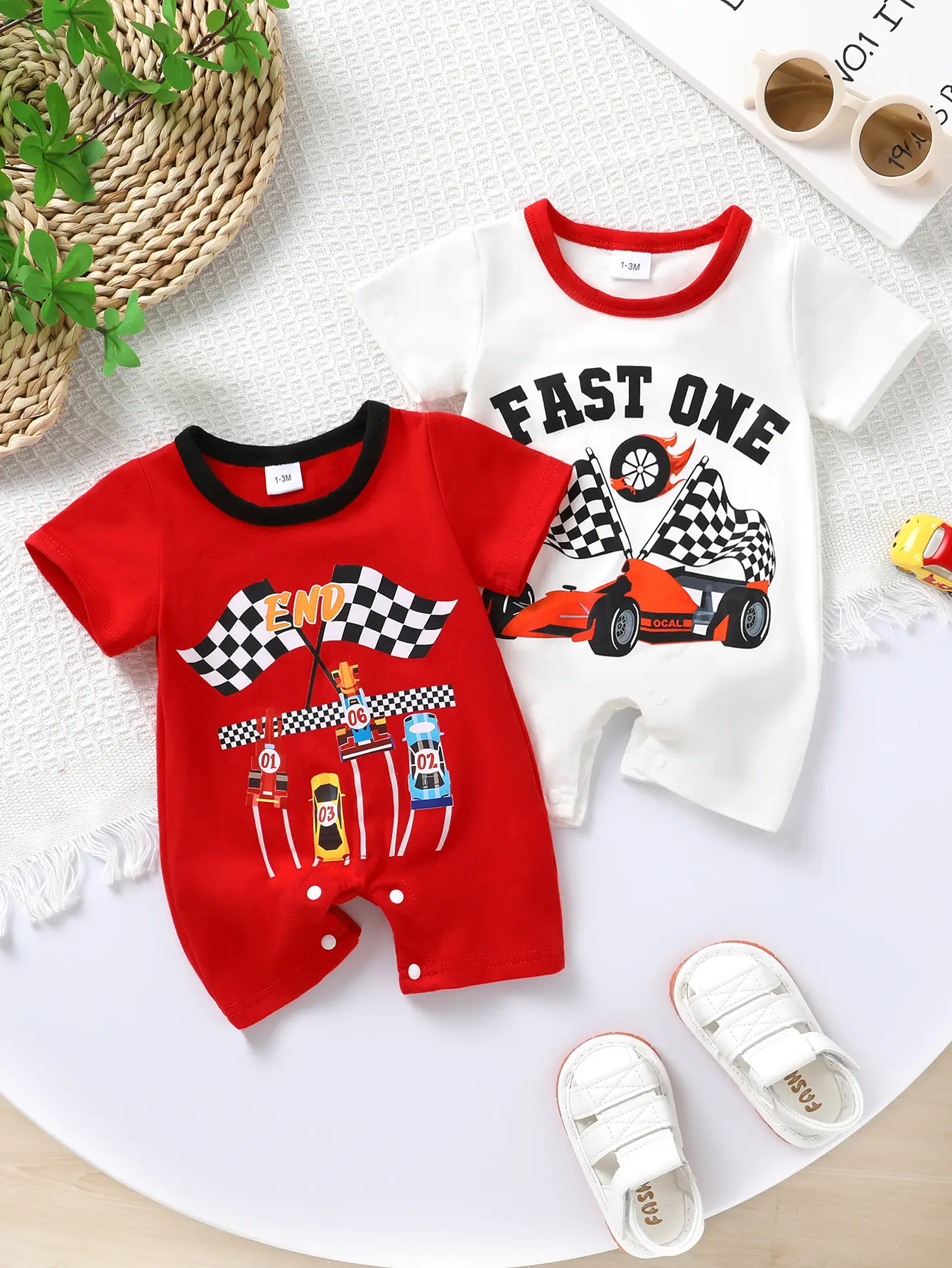 Baby Boy Clothes Bodysuit Outfit - 2-Pc Fitted Street Athletic Printed Set, Cartoon Racing Letter Print Round Neck Short Sleeve Button Bodysuit & Shorts, Soft Breathable Daily Wear, Printed Bodysuit Set