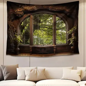 QGHOT Forest Window Tapestry, Nature Outdoor Tapestry Wall Hanging Woodland Scene Large Wall Mural for Bedroom Living Room Office Decor 80x60in Peach Wooden Green