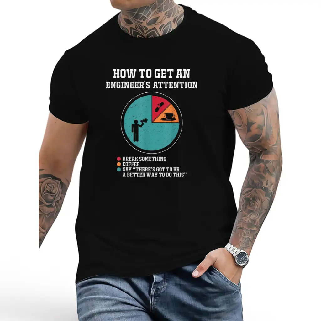 Unisex Funny Engineering Saying T-Shirt - "How to Get Engineers' Attention" Graphic, 4-Season Casual Round Neck Short-Sleeved, Slightly Elastic 100% Fabric, S-XXXL (Thanksgiving Themed)