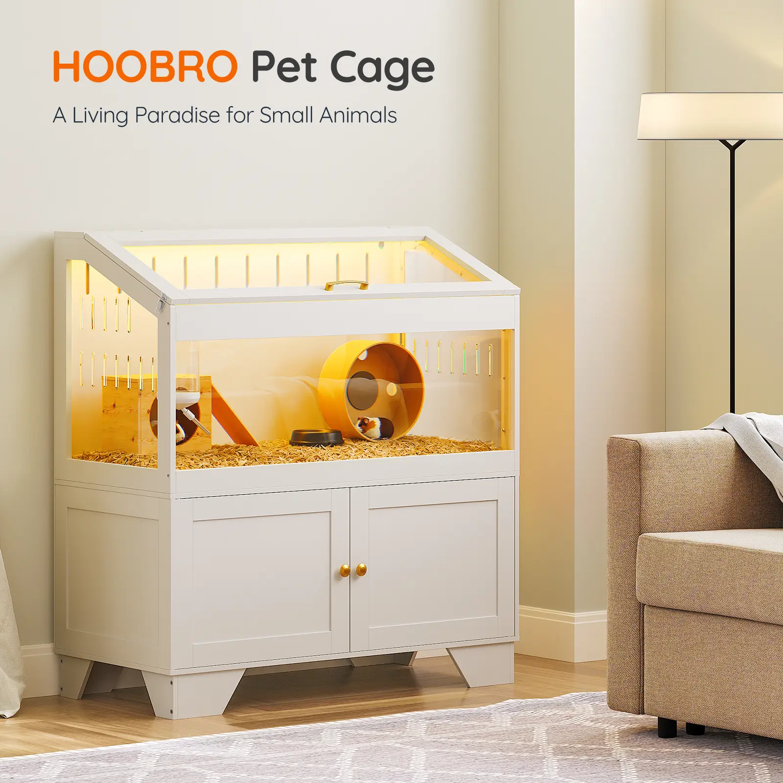 HOOBRO Large Hamster Cage, Small Animal Cage with Storage Cabinet and Led Light Strip, Acrylic Guinea Pig Cage with Flip-Top Lid, Easy to Clean, 39.4" x 18.9" x 42.5", White #SummerVibes