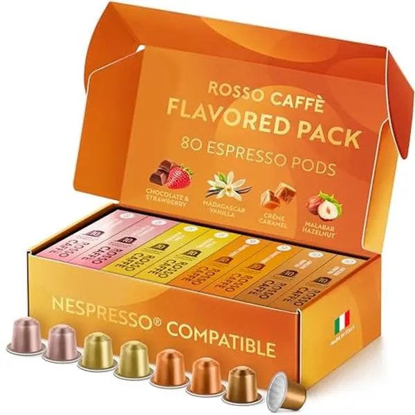 ROSSO CAFFÈ Espresso Coffee Pods for Nespresso Original Machines - 80 Capsules Flavored Pack, 4 Rich and Balanced Flavors (Chocolate, Vanilla, Crème Caramel, Hazelnut) - Made in Italy Beverage Bean