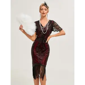 1pc Vintage Gatsby Sequin Dress, 1920s Flapper Tassel Short Sleeve Party Banquet Dance Dress, Polyester 100%, Contrast Detail, V-Neck Fitted Woven Dress for Adults - All Seasons