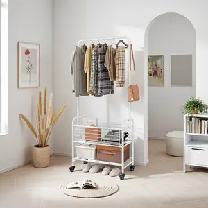 Heavy Duty Metal Garment Rack Mobile Clothes Rack with Wheels Laundry Cart with Storage Shelf and Side Hooks
