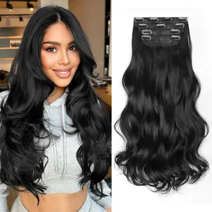 [kookastyle] clip in hair extensions 4 pcs natural long Synthetic wavy curly hairpieces Layered soft invisible for women Dark Brown 20 inch