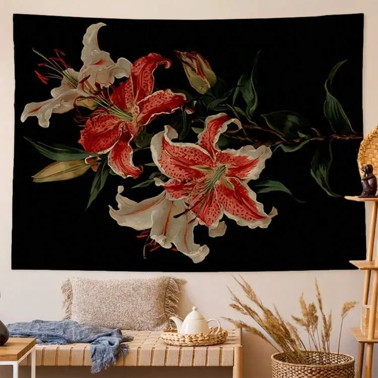 Red And White Lily Floral Decorative Tapestry - 2D Fine Print, No-Drill Hanging Design, Flag Fan Gift for Living Room Accent Walls, Bedroom Headboards