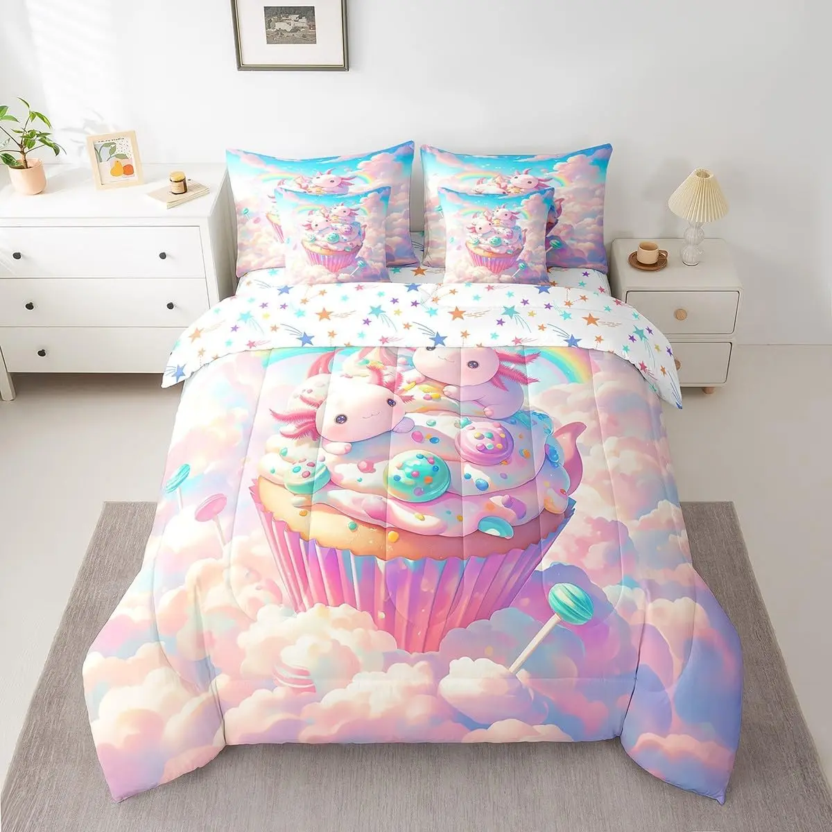 Feelyou 7-Piece Ultra Soft Kawaii Axolotl Bed-in-a-Bag Bedding Set, Pink Cake Dessert Themed with Fitted Sheet, for Girls’ Rainbow Cloud Home Decor (Multi-Size), Seven Pieces