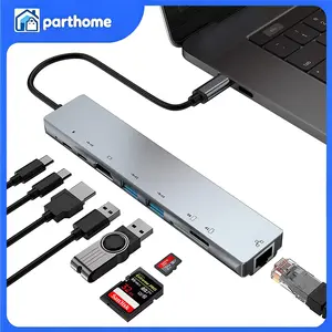 8 In 1 Multiport USB-C Hub Type C To USB 3.0 4K Adapter for Macbook Pro/Air iPad Home Office with 4K HDMI-Compatible Output and RJ45 Ethernet Port