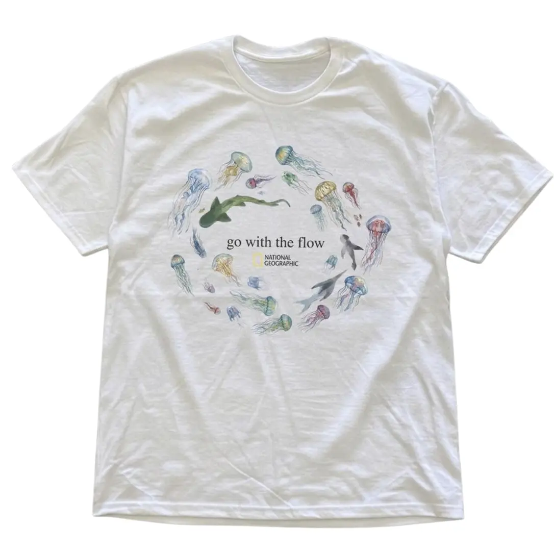 Gildan Men's and Women's T-Shirt, Sharks and Jellyfish 'Go With The Flow' T-Shirt, Ocean Shirt, Animal Tee, Gifts Shirt, Unisex Vintage Graphic Tees Gothic Grunge Y2k Emo Scene Amity Affliction Style Clothes Men Women Streetwear