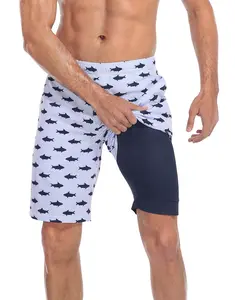 LRD Mens Printed 9" Swim Trunks with Compression Liner Activewear Beach Quick Dry Fabric Front Pockets & Adjustable Drawstring - Swimming Shorts