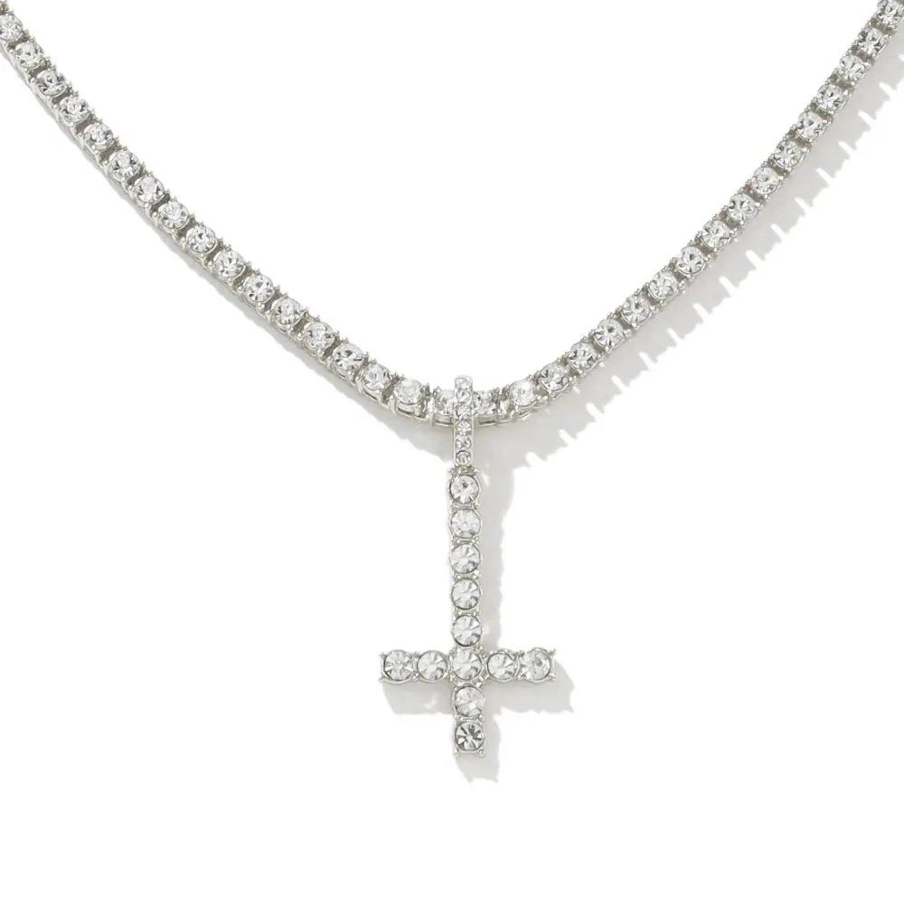 Shiny Synthetic Zirconia Inverted Cross Pendant Necklace for Men and Women Hip Hop Rap Versatile Tennis Chain Necklace, Gift for Boyfriend