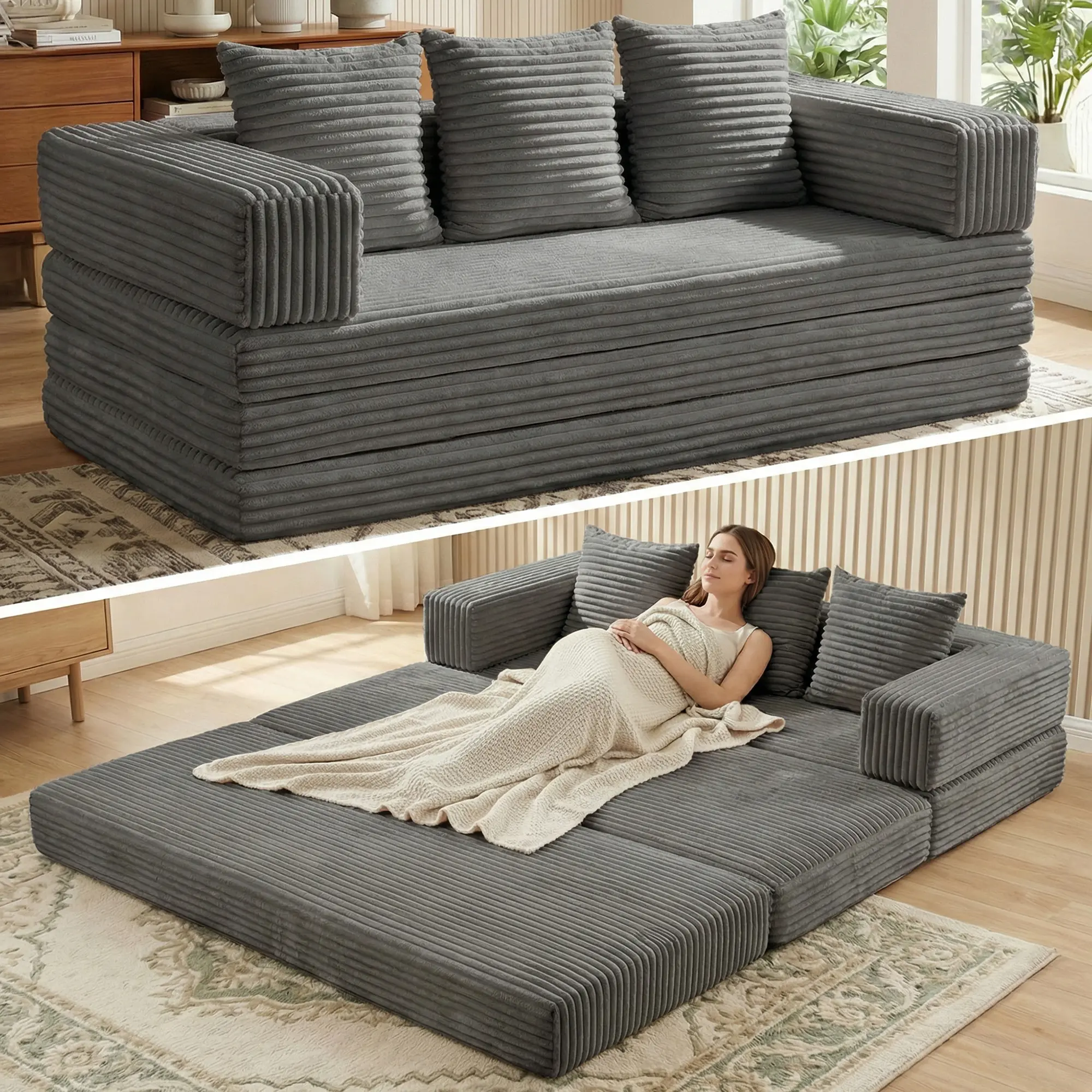 WINZOO Black-78-in Oversized 4-in-1 Corduroy Convertible Couch Sofa Bed, Indoor Furniture Set with Removable Parts, Foldable Mattress for Living Room, Bedroom