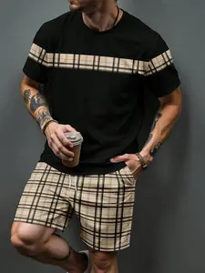 Men's 3D striped plaid print casual and stylish simple two-piece set, featuring a summer sporty crew neck short-sleeved top and drawstring shorts, suitable for outdoor and street wear.