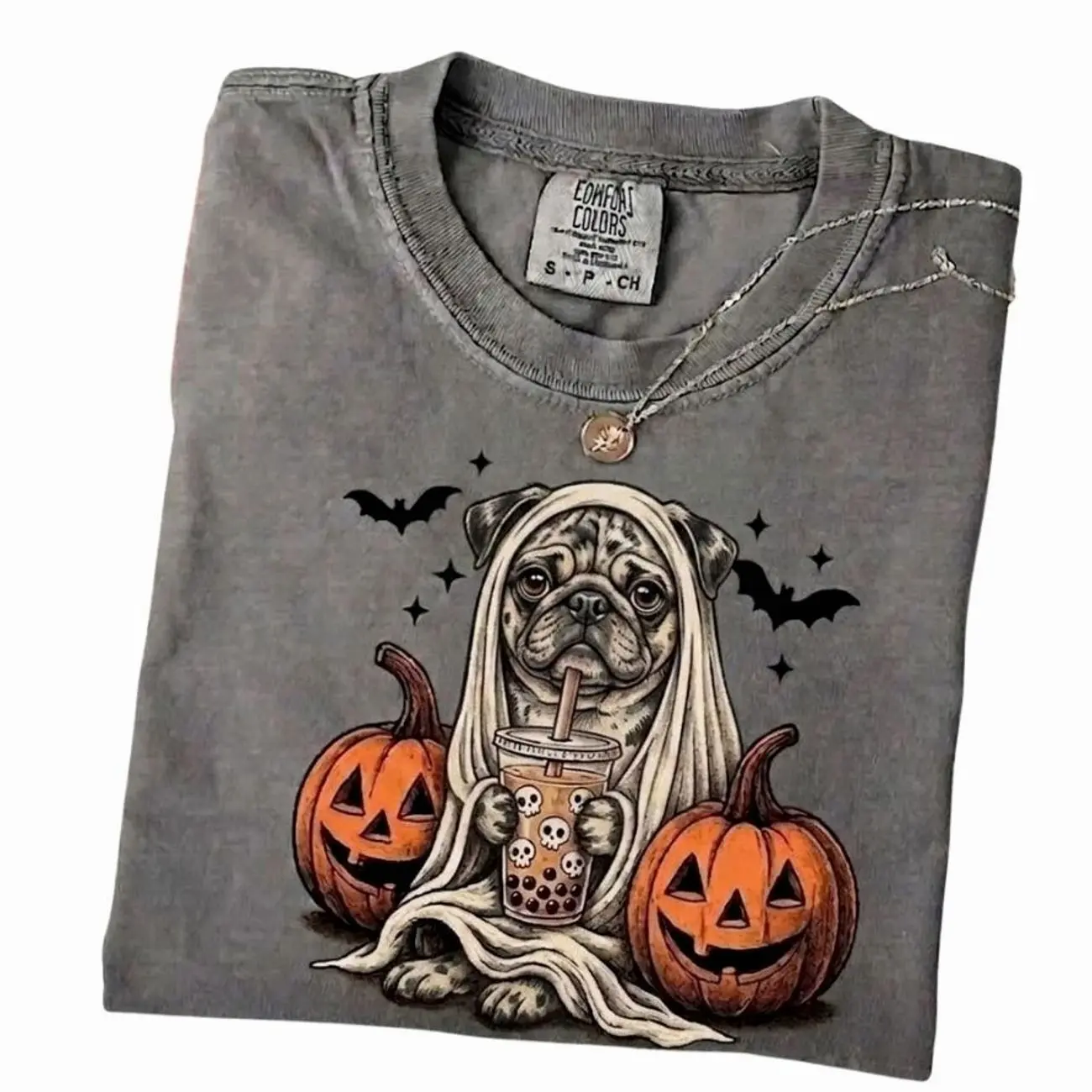 Comfort Colors Halloween Merle Pug Graphic T-Shirt - Fall Aesthetic Spooky Dog Lover Tee, Trending Halloween Graphic Tee, Comfortable Menswear & Womenswear Top, Perfect Halloween Gift For Men And Women jul11