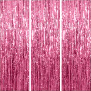 3 Pack Pink Tinsel Foil Fringe Curtains Backdrop Streamer for Birthday Bachelorette Christmas Graduation Wedding Princess Pink Theme Party Decorations