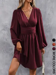 Women's Plain Deep V Neck Dress, Casual Bishop Sleeve A Line Dress for Spring & Fall, Women's Clothing for Daily Wear, Womenswear