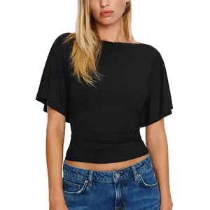 Hixiaohe Women Cinched Waist Shirts Stretchy Dolman Sleeve Boat Neck Knit Top Trendy Streetwear Outfits Basic Workout Tee Tops