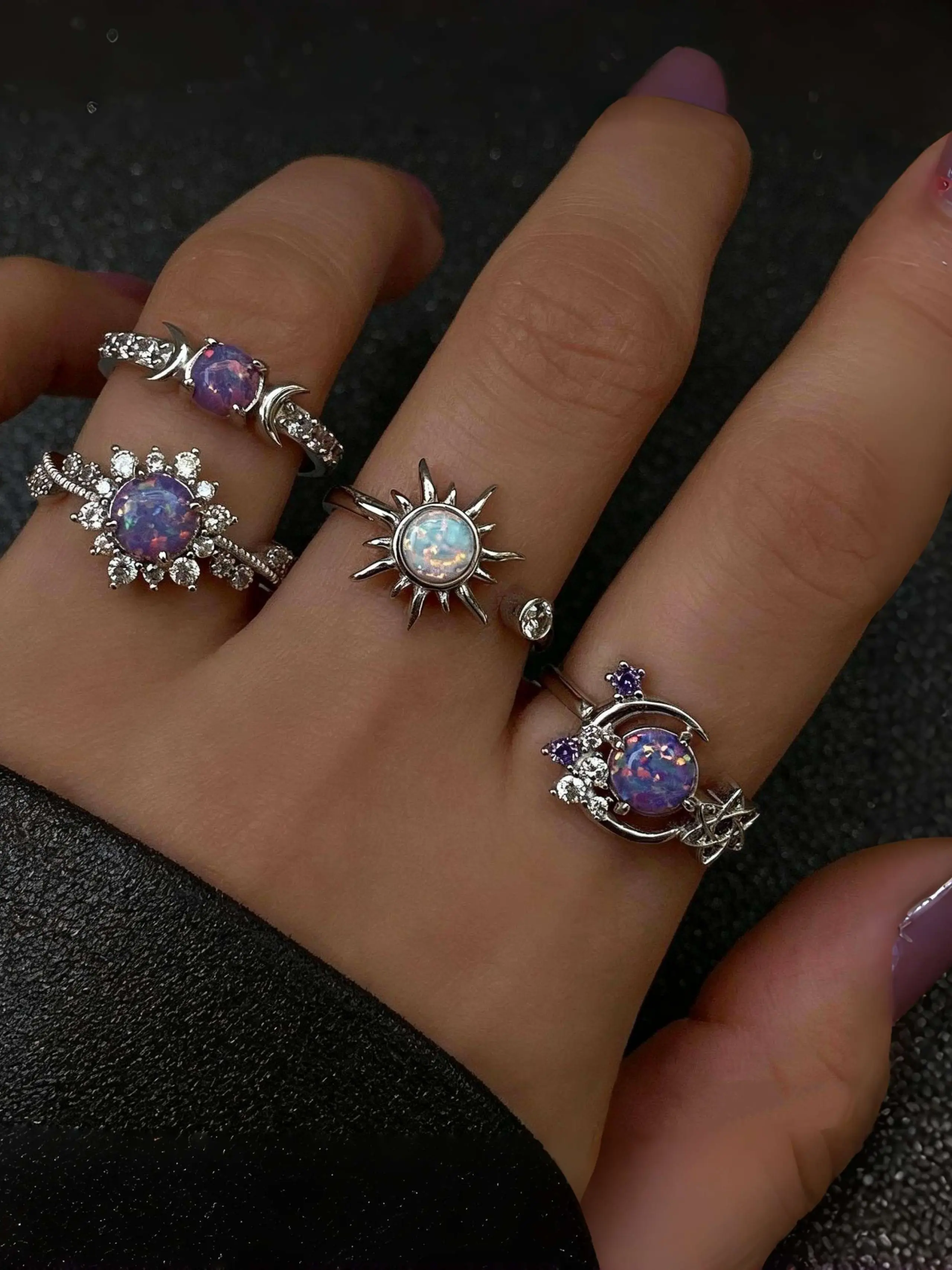 2026 New 4-Piece Sun Moon Ring Set, Vintage Gemstone Stackable Finger Rings, US Size 8 ring, Elegant Ethnic Pattern, Perfect for Women, Best Friend Gift, Beautiful Rings, Jewelry Rings