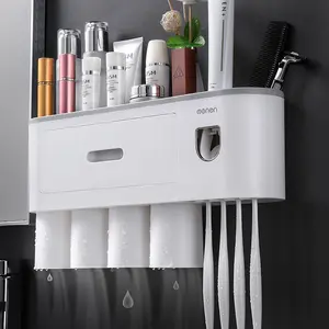 Must-have Bathroom Organizer  Wall Mounted Toothbrush Holder with Toothpaste Dispenser & 1/3/4 Magnetic Cups Home Goods Organizing