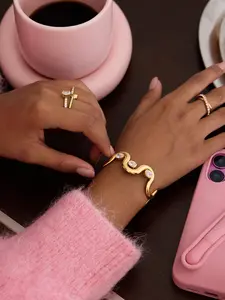 Ladies Bracelet Oval White Zircon Wavy Opening Stainless Steel 18k Gold Plated Waterproof Anti Allergy Classic Simple Fashionable Shiny Daily Use Jewelry Matching