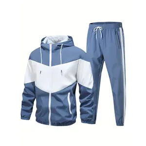 Men's casual two-piece set, stylish contrasting zipper hooded jacket, breathable solid color drawstring pants