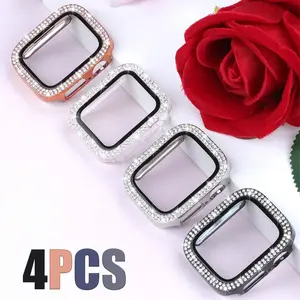 4-Piece Set: Women's Double-Row Sparkling Diamond Case, Smart Watch Accessories, compatible with 40mm–46mm Apple Watch models. Drop-proof and scratch-resistant; compatible with Apple Watch Series 1–4/SE.
