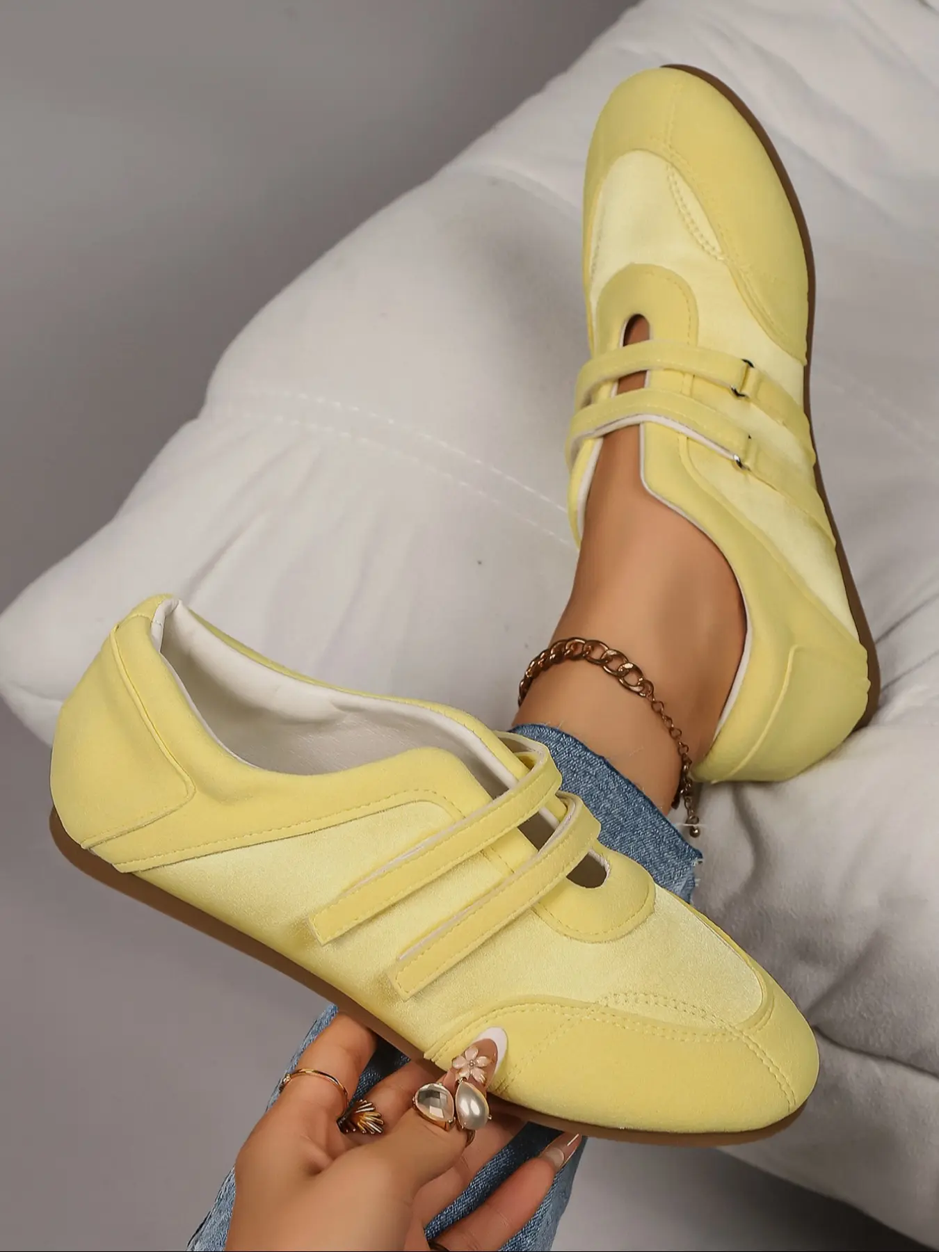 Korean Style Magic Tape Ballet Mary Jane Shoes for Women, Youthful Dopamine Colors, Spring & Fall New Versatile Classic Style Casual Flats, Textile Upper, Rubber, Maryjanes