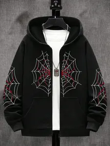 Unisex Spider Web Print Hoodie, Zipper Front, Fitted Long Sleeve Sweatshirt, Street Style Fashion for Fall & Winter
