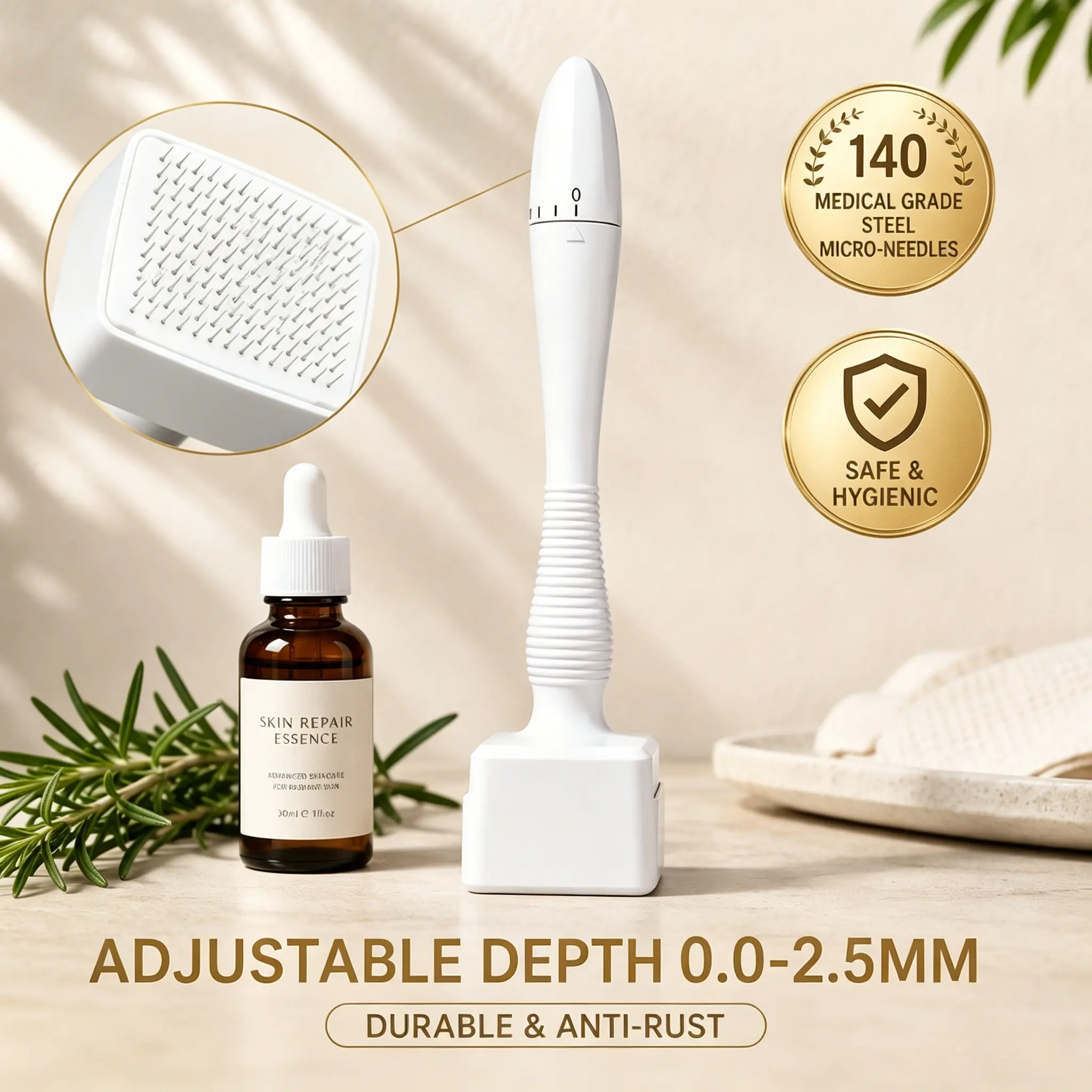 Adjustable 0.25–2.0mm 140 Titanium Micro-Pin Derma Stamp, Portable At-Home Cosmetic Tool for Face, Hairline & Eyebrow Surrounding Skin Care