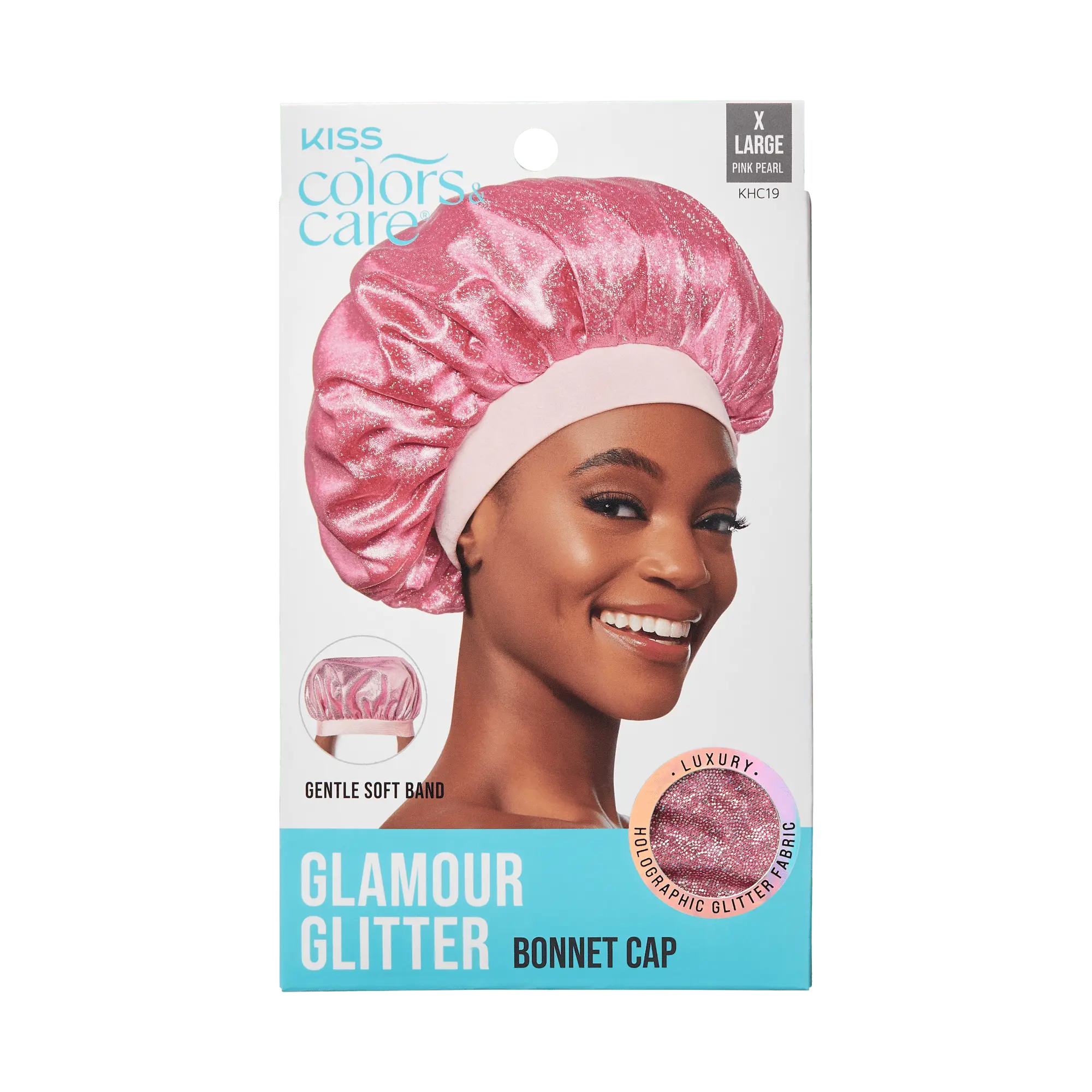 Kiss Colors & Care Glamour Glitter Bonnet Cap, XL - Pink Pearl | Extra-Large, Silk Bonnet, Sleep Bonnet, Hair Accessories