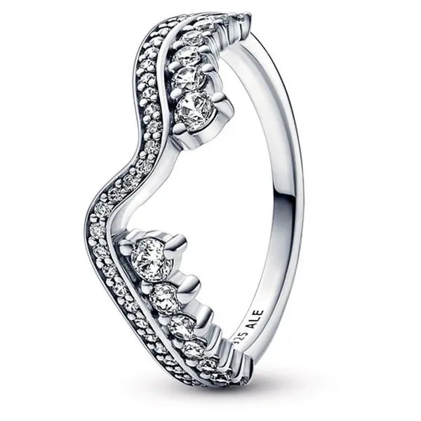 Pandora Sparkling Asymmetric Wave Ring, Unisex 925 Silver Stackable Ring with Prongs, Wave-Inspired Pave Band, Size 56, Model 192543C01, Stackable Rings, Ripple Effect