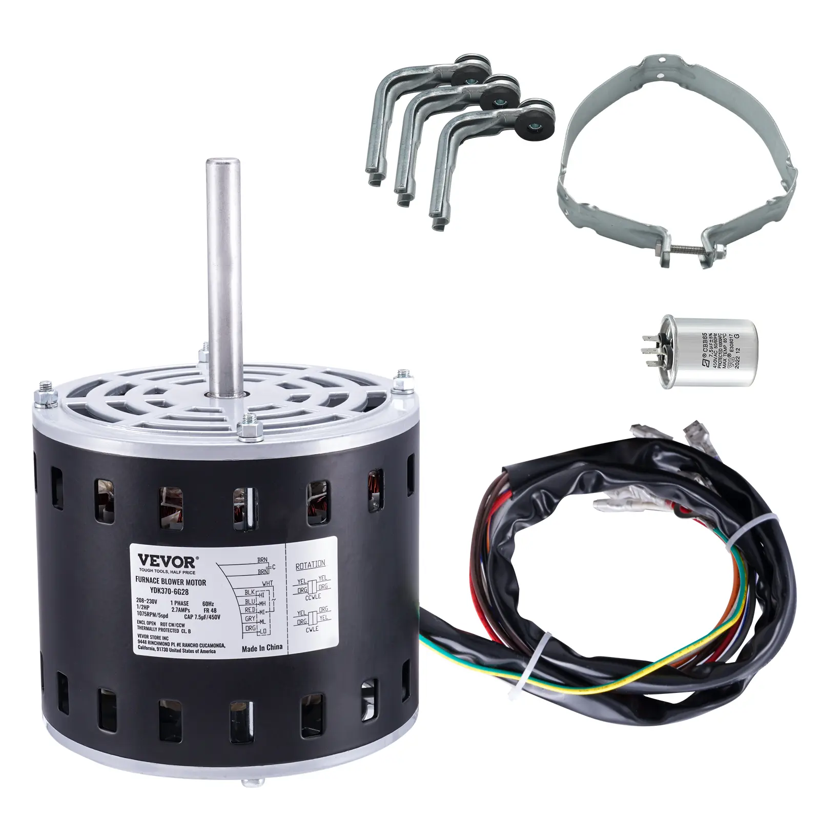 【summerfinds】VEVOR 1/2HP Furnace Blower Motor, 208/230V 2.7Amps, 1075RPM 5 Speeds, CW/CCW Rotation, 48 Frame 3.4" Shaft Length, 7.5μF/450V Capacitor + 11" Hold Hoop