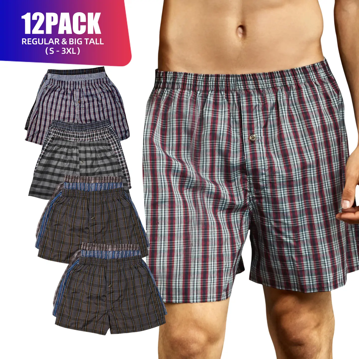 12 Pack Men's Boxer Shorts Random Mixed Color Pack Woven Relaxed Fit Boxers for Men Soft Breathable High quality Underwear with Elastic Waist Menswear