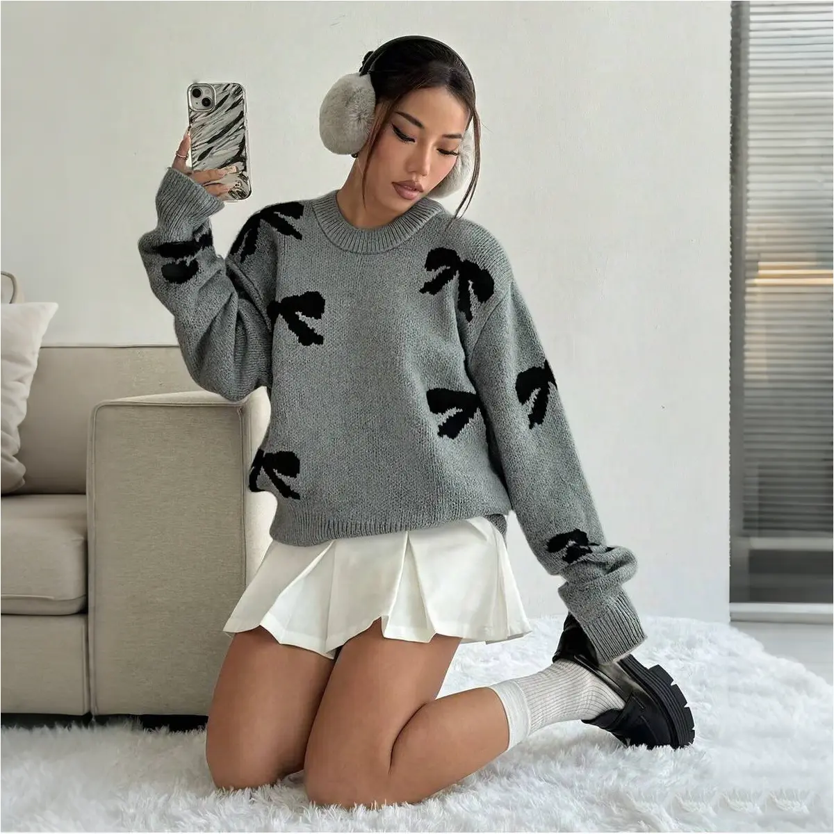 Teen Girls Bow Accent Thick Knit Pullover | Loose Comfortable Crew Neck Long Sleeve Sweater
