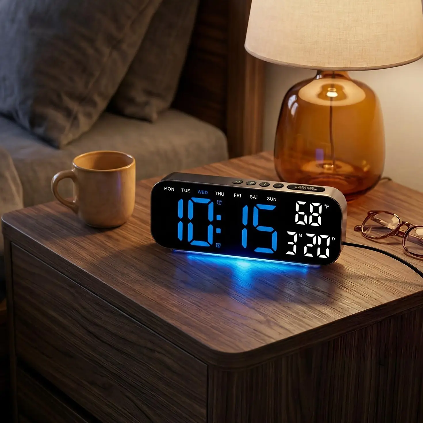 TIMESS New LED Digital Alarm Clock, 10" Large Screen Big Digits, Colorful Base Lighting, USB & Battery Powered, Date Week & Temperature Display, Dual Alarm, for Bedroom Office Bedside, Ideal Modern Decor summerwins