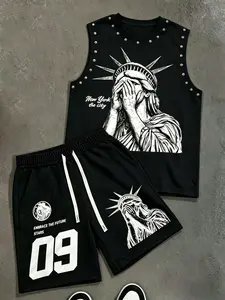 Men's Casual Sleeveless Tank Top and Shorts Set, Breathable Lightweight Fabric, Rhinestone Design, Fashion Print, Solve Your Dressing Woes