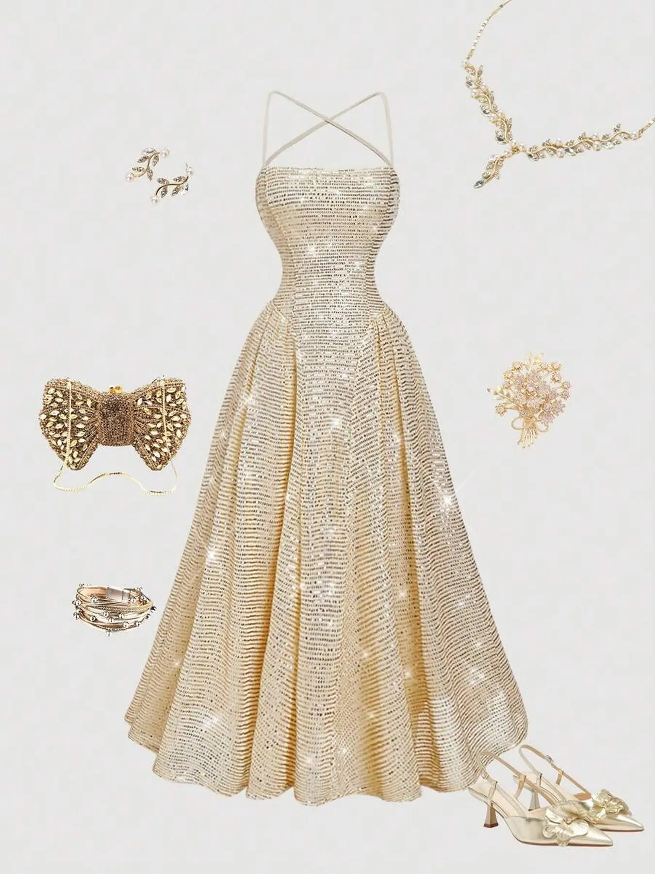 Elegant Princess Style Chic Sleeveless Strappy Maxi Shimmer Dress with Rhinestone Cross Strap and Sequin, Embellished Glam Gown, Evening Party Gown, Perfect for Formal Wear, Evening Parties, Engagement Ceremonies, High-End Social Events