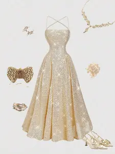 Elegant Princess Style Sleeveless Maxi Dress with Rhinestone Cross Strap and Sequin, Perfect for Formal Wear, Evening Parties, Engagement Ceremonies, High-End Social Events