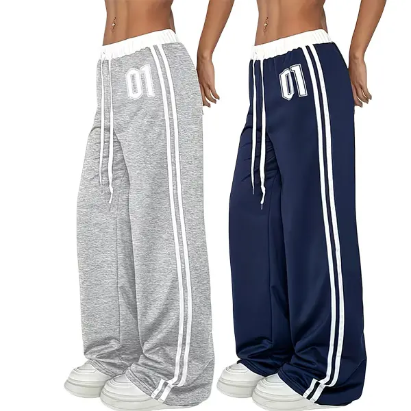 Women’s 2-pack lightweight joggers for spring/summer, featuring digital print, belted patchwork design, casual street style with a retro vibe, loose fit, Y2K style