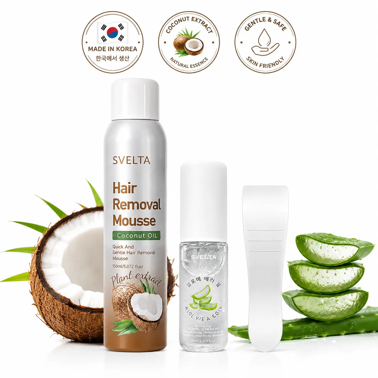 SVELTA Korean Bikini Hair Removal Cream Mousse, Fast-Acting Depilatory Foam for Sensitive Skin with Coconut Oil, Aloe Vera Gel & Scraper, Gentle K-Beauty Body Hair Remover for Women & Men, Legs, Arms & Underarms