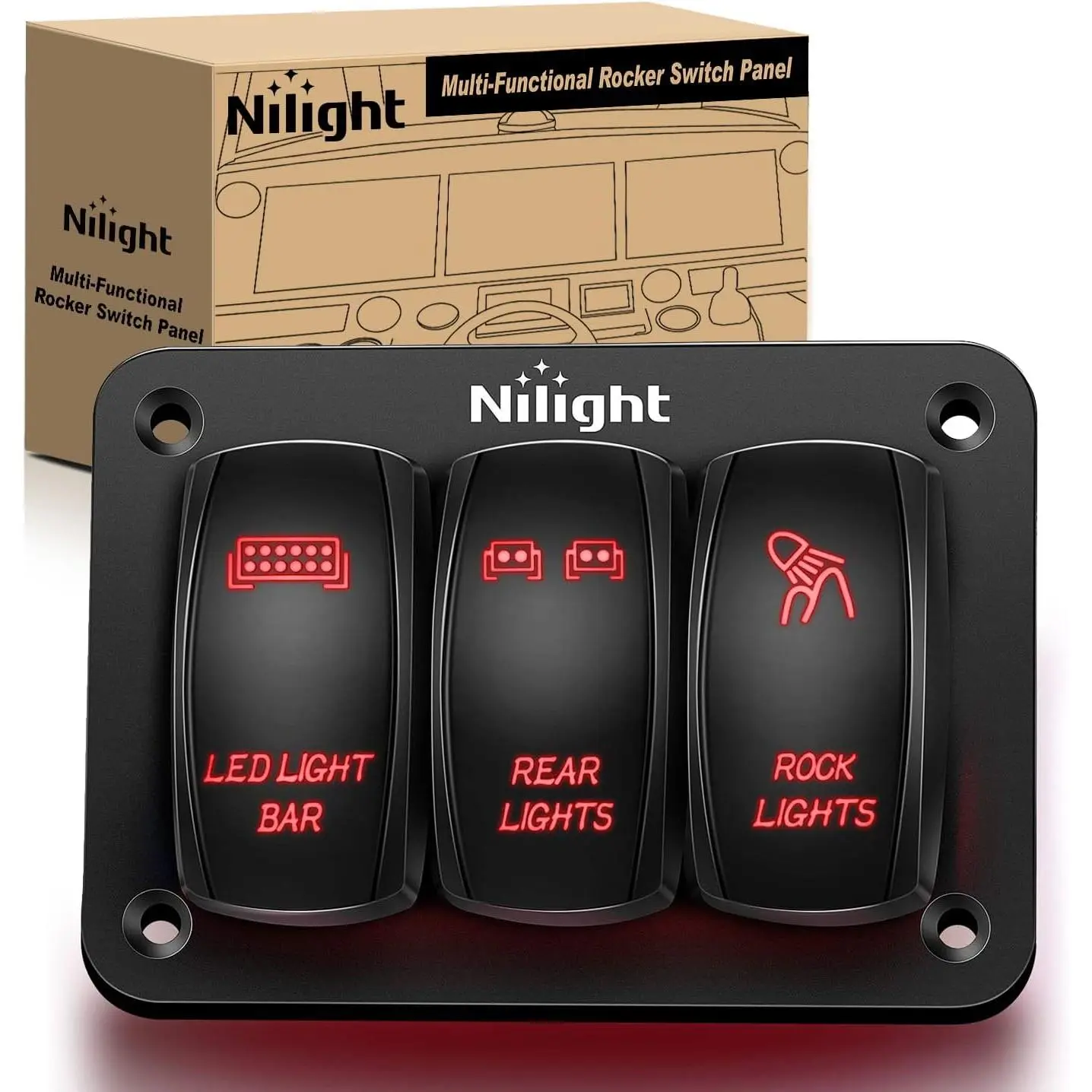Nilight 90128C 3-Gang Aluminum Rocker Light Switches Panel - 5-Pin Auto ON Off SPST Toggle, Pre-Wired Dual LED Design for 12V-24V Marine Yachts, Cars, Motorcycle, PC, Boat