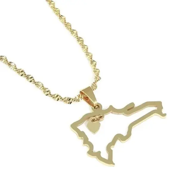 Plated Dominican Republic map outline pendant with heart charm and chain.
