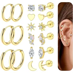 Trendy  Hypoallergenic Flat Back Stud Earrings for Women Surgical Stainless Steel Earrings for Sensitive Ears 14K Gold Plated Cartilage Earring Sets for Multiple Piercing Small Flatback Stud Earrings Hoop