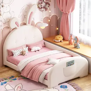 Twin Size Bed Frame, Rabbit Shape Twin Princess Bed Frame, Upholstered Twin Size Platform Bed with Headboard and Footboard, PU