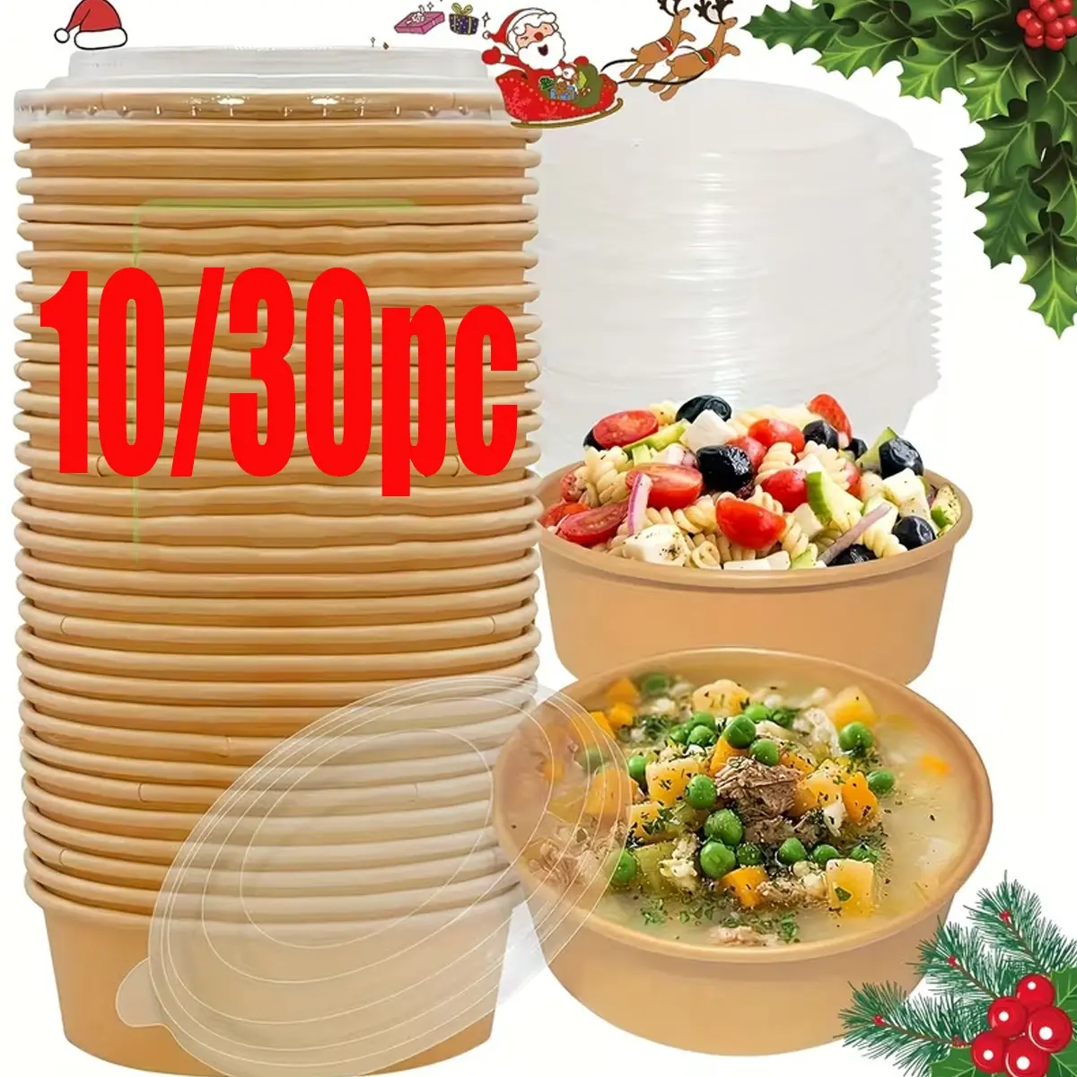 10/30pc Disposable Paper Bowl Containers with Lids, Microwave & Freezer Safe, Ideal for Salads, Ice Cream, Yogurt, Parties, Outdoor Camping, Disposable Bowls