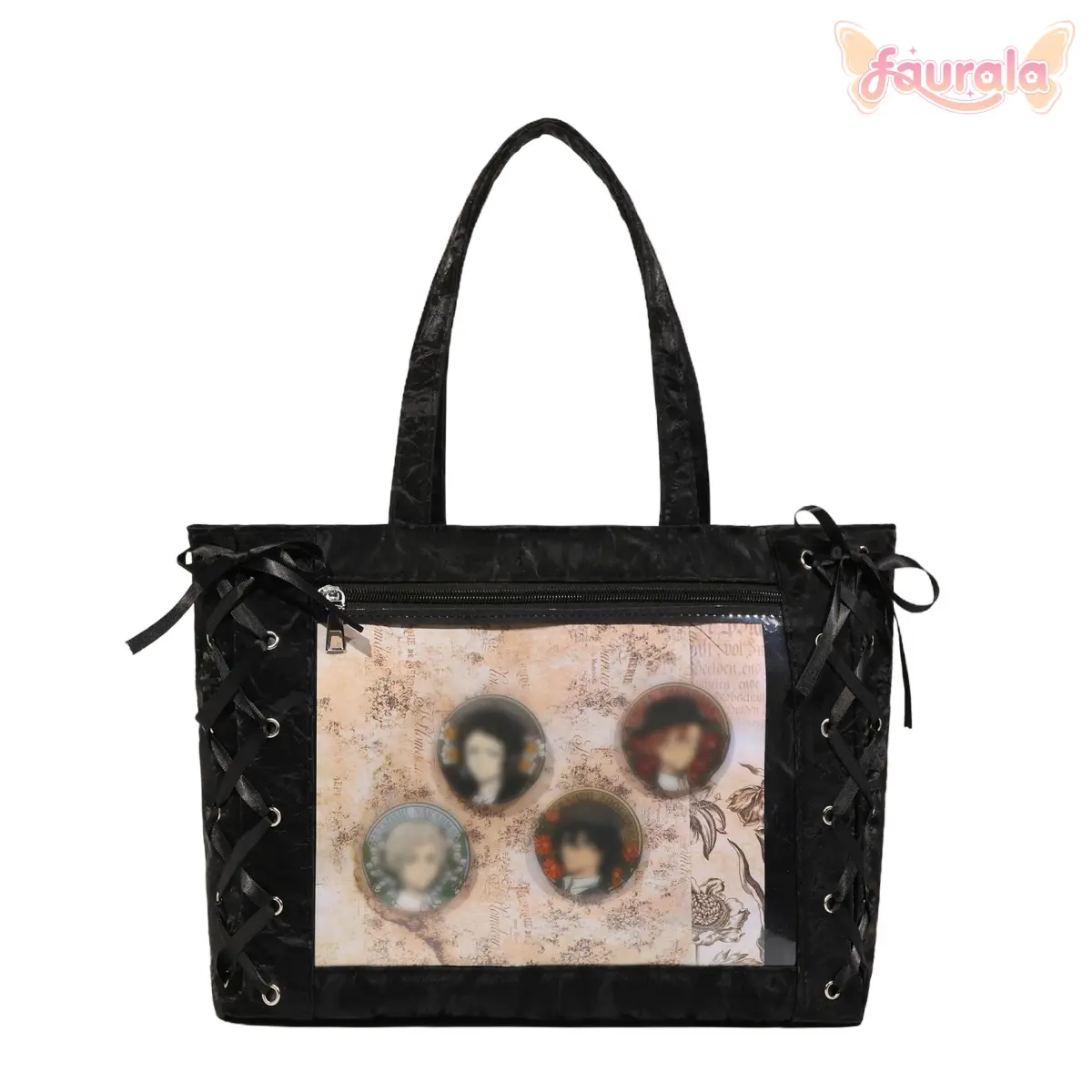 FAURALA Coquette Ita Bag - PU Tote with Lace-Up Bows & Clear Window for Anime Pins & Merch Display | Detachable Shoulder Strap, Cute Ribbon Accents, Faux Leather | Trendy Y2K, Kawaii, Dark Academia Aesthetic (Pins & Plush NOT Included)